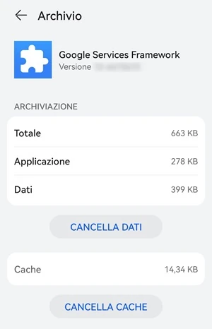 dalla sezione archivio delle impostazioni di google services framework ci sono i pulsanti cancella dati e cancella cache