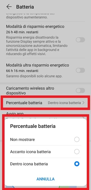 dalle impostazioni della batteria è in evidenza con una cornice rossa la voce percentuale batteria e dal messaggio percentuale batteria è stato selezionato dentro icona batteria