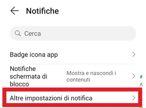 dalla sezione notifiche è inquadrata in rosso la voce altre impostazioni di notifica per un più facile riconoscimento