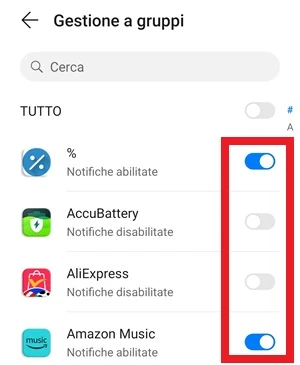 da gestione a gruppi ci sono alcune applicazioni con interruttore acceso o spento