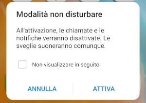 messaggio della modalità non disturbare con due pulsanti con scritto annulla e attiva