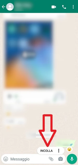 nella chat aperta di whatsapp una freccia indica la parola incolla visibile nella finestra popup dopo aver tenuto premuto a lungo nella barra messaggio dove si digitano le parole