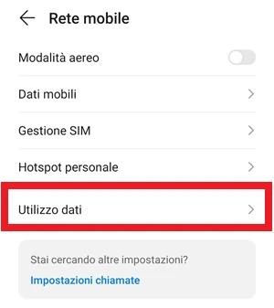 la voce utilizzo dati è messa in evidenza nella pagina rete mobile delle impostazioni di android