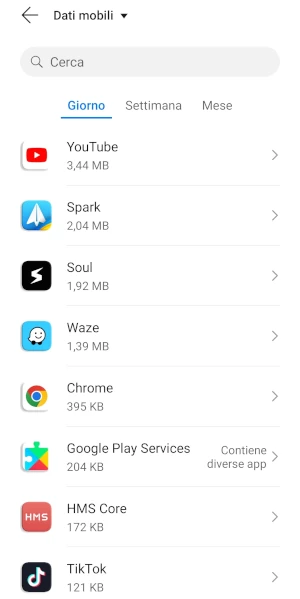 nella sezione dati mobili sono visibili i consumi per le applicazioni installate