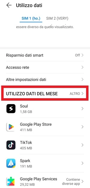 da utilizzo dati si possono vedere le app che consumano più dati dalla sezione utilizzo dati del mese