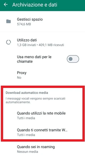 dalle impostazioni archiviazione e dati di whatsapp nella sezione download automatico media sono selezionate con una cornice rossa le voci quando utilizzi la rete mobile e quando ti connetti tramite wi-fi