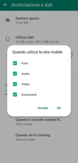 dal messaggio su schermo quando utilizzi la rete mobile che appare su archiviazione dati sono selezionate le voci foto, audio, video e documenti con un segno di spunta