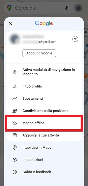 schermata menu di google maps con la voce mappe offline in evidenza con un riquadro rosso