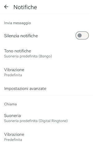 schermata delle notifiche di whatsapp da cui si possono silenziare le notifiche, modificare il tono delle notifiche, la vibrazione, accedere alle impostazioni avanzate, mentre per le chiamate si può cambiare la suoneria e la vibrazione