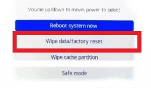 dalla recovery mode, il pulsante wipe data/factory reset è messo in evidenza