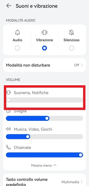 le suonerie e le notifiche sono state azzerate nel volume dalla pagina suoni e vibrazione