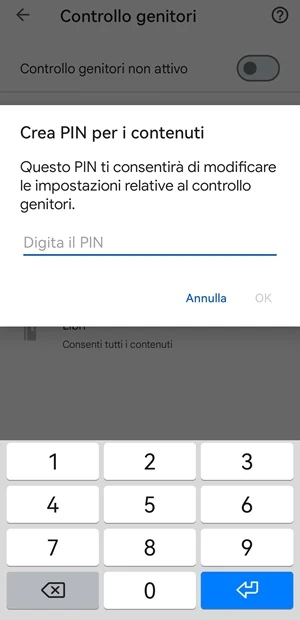 dal play store dalla finestra crea pin per i contenuti è richiesta la digitazione tramite la tastiera di un pin