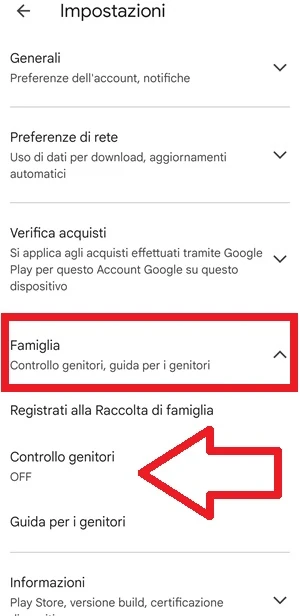 dalle impostazioni del play store la voce famiglia è inquadrata con un rettangolo rosso mentre la voce controllo genitori è indicata con una freccia rossa