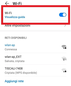 interruttore del Wi-fi attivo dalle impostazioni dello smartphone Android