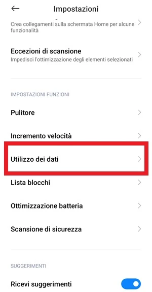 dalle impostazioni è in risalto la voce utilizzo dei dati
