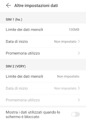 schermata altre impostazioni dati di Huawei per impostare il limite dei dati mensili
