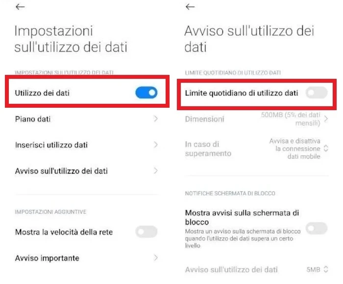 schermate impostazioni sull'utilizzo dei dati e avviso sull'utilizzo dei dati