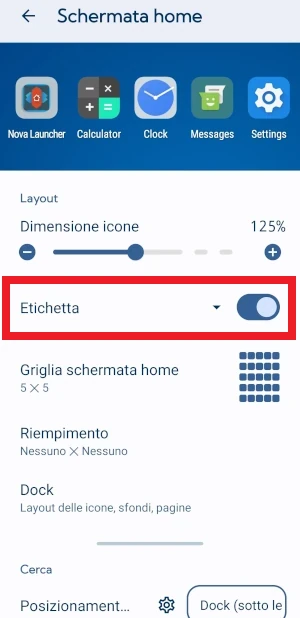 nella pagina schermata home di nova launcher è in risalto la voce etichetta con il suo interruttore