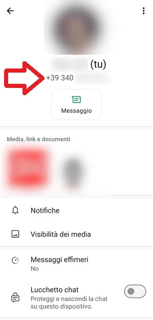 una freccia rossa indica il numero di telefono usato per la registrazione su whatsapp