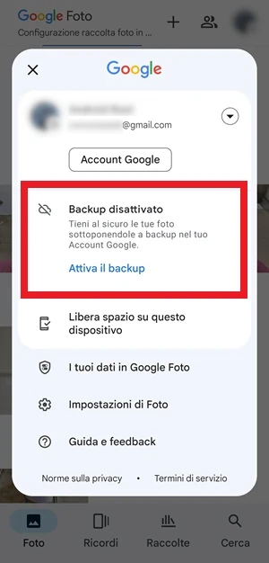 schermata di google foto da cui attivare il backup disattivato