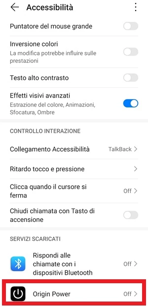 android accessibilità effetti visivi avanzati evidenziata l'app origin power