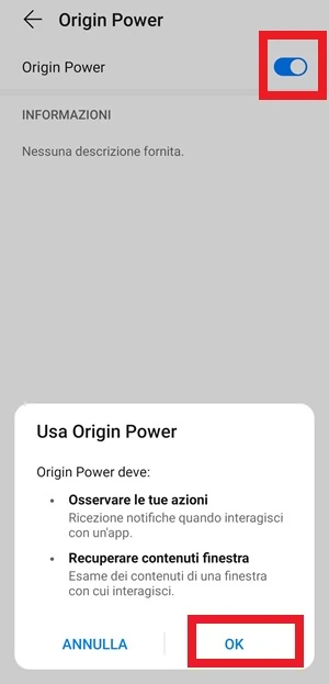 interruttore origin power acceso