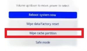 da recovery mode, la voce wipe cache partition è evidenziata con una cornice rossa intorno