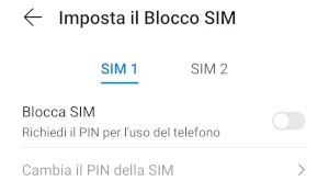 schermata imposta il blocco sim dove per la sim 1 / 2 si può sbloccare / bloccare la sim con un interruttore con richiesta di un pin