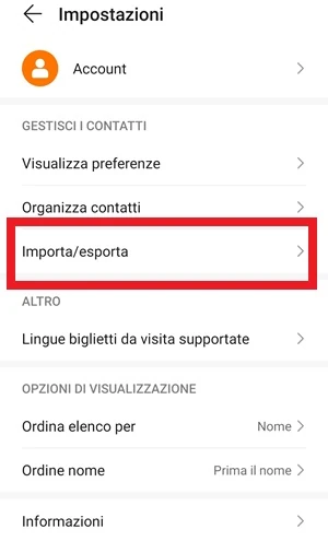 schermata delle impostazioni dell'app telefono di android con la voce importa/esporta in risalto con un riquadro rosso