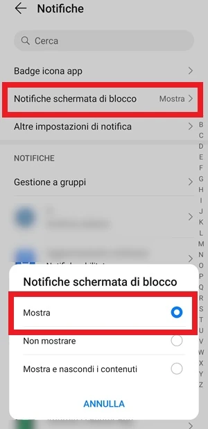 schermata delle notifiche di whatsapp con in evidenza la voce notifiche schermata di blocco e mostra