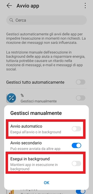 da avvio app nella finestra gestisci manualmente la voce avvio automatico e esegui in background hanno l'interruttore disattivato