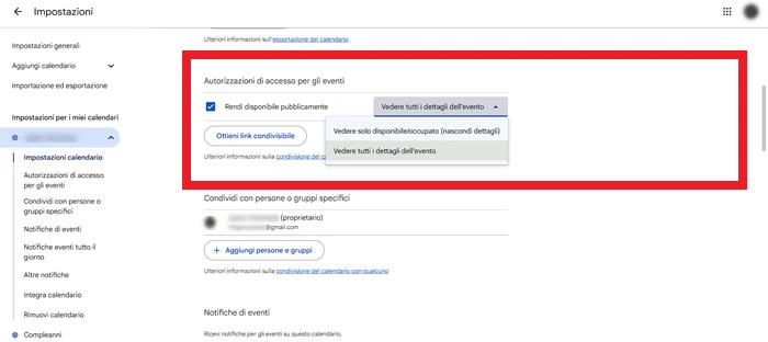 schermata impostazioni di google calendario con la voce autorizzazioni di accesso per gli eventi in una cornice rettangolare rossa