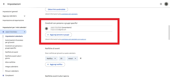 schermata del google calendario da cui si può condividere il calendario con persone o gruppi specifici