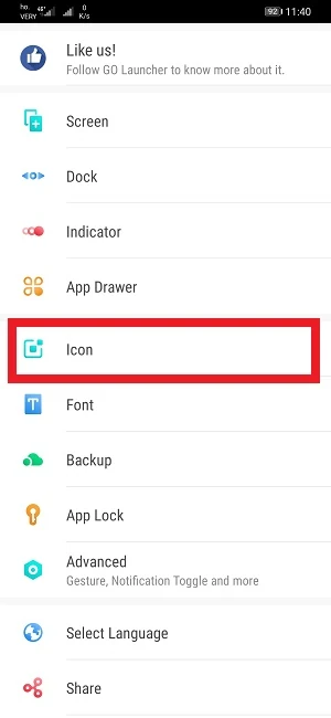 da go launcher la voce icon è inquadrata con una cornice rossa