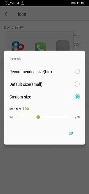 pagina di go launcher da cui si può regolare la dimensione delle icone visibili nella home