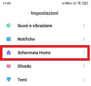 la voce schermata home è in evidenza nelle impostazioni della miui