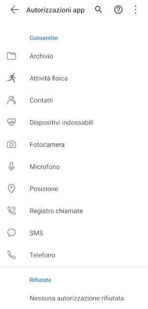 da autorizzazioni app sotto la sezione consentite ci sono tutte le voci a cui è stato dato il consenso