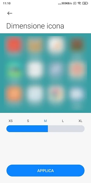 pagina della miui da cui è possibile regolare la dimensione delle icone
