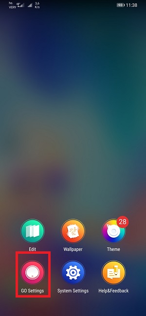 da go launcher l'icona go settings è in evidenza con una cornice rossa intorno