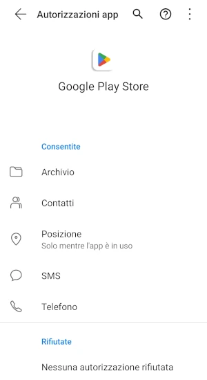 da autorizzazioni app del google play store, sotto consentite sono presenti le voci Contatti, Archivio, Posizione, SMS, Telefono