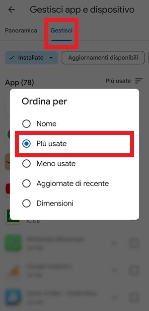 evidenziata con un riquadro rosso la voce gestisci e più usate