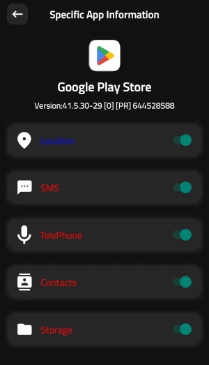 da Specific App information del play store, tutte le voci in elenco hanno l'interruttore acceso