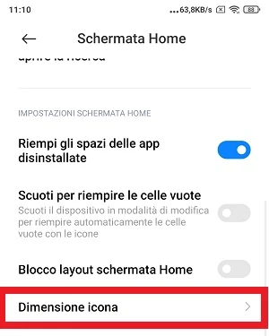 dalla pagina schermata home delle impostazioni della miui, la voce dimensione icona è in evidenza