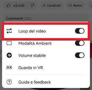 da youtube la voce loop del video ha l'interruttore attivo ed è messa in evidenza con una cornice rossa intorno