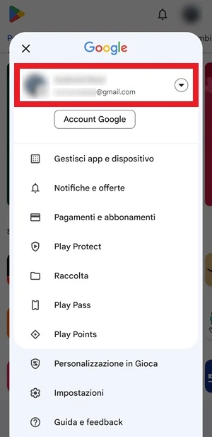 account google che è in uso nel play store e che è evidenziato in rosso