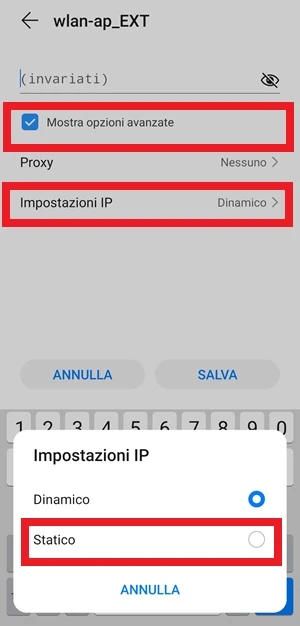 dal nome della rete wi-fi selezionata sono in risalto con una cornice rossa le voci Mostra opzioni avanzate, Impostazioni IP e da impostazioni ip la voce statico