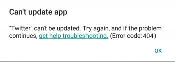 dal play store un messaggio mostra l'errore 404 per Twitter