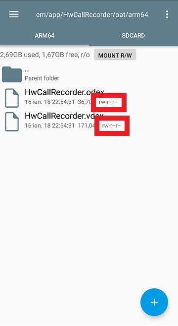 da arm64 per il file hwcallrecorder.odex e per il file vdex, i permessi impostati sono rw-r-r-