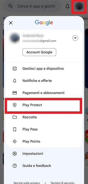 pagina del play store con in evidenza la voce play protect e l'icona del profilo personale