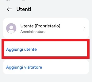 pagina utenti delle impostazioni di android con la voce aggiungi utente in risalto con una cornice rossa